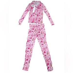 Katie J NYC Pink Pajama Set Whimsical Print Long Sleeve